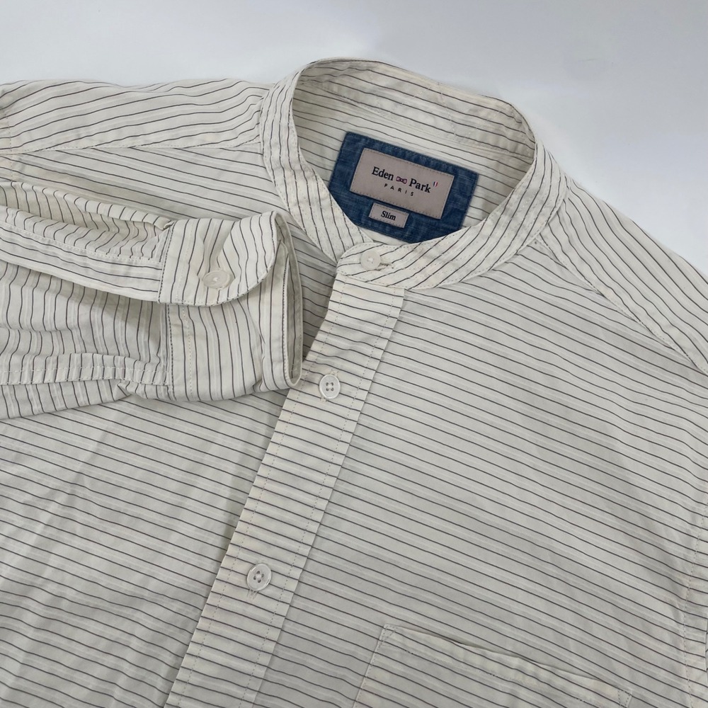 Eden Park Paris Shirt Mens M White Blue Stripe Band Collar Slim Fit Button Down